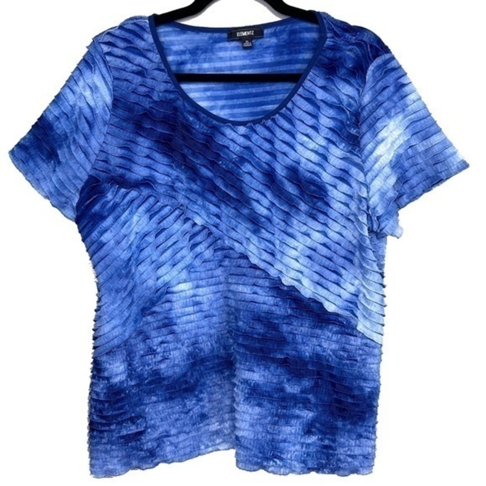 Elementz Layered Ruffle Blue Tie Dye Artsy Short Sleeve Semi Sheer Top XL